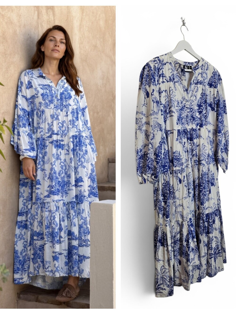 Madison Mathews  Maxi Dress Size L Toile De Jouy Blue Pockets Boho Cottagecore